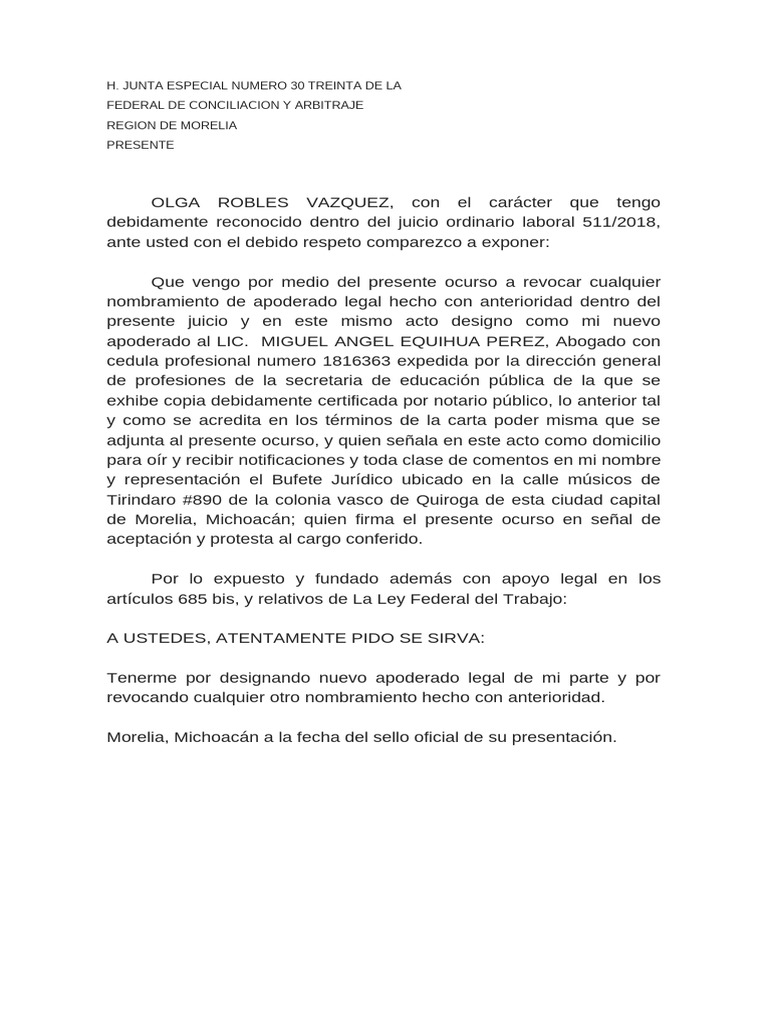 Revocación de Apoderado Legal en Juicio Laboral | PDF