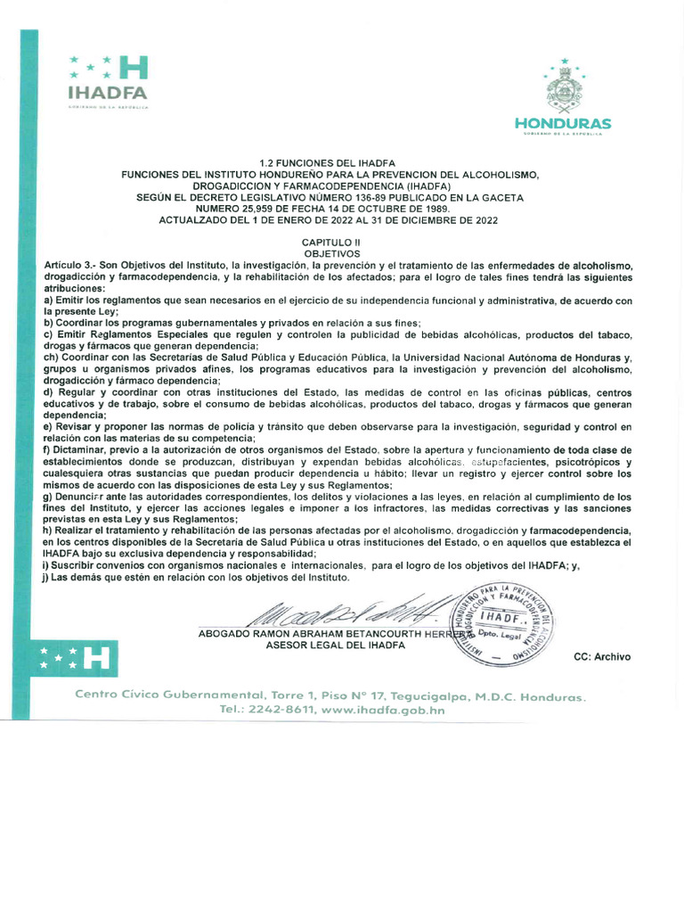 Funciones del IHADFA en Honduras | PDF | La dependencia de sustancias ...