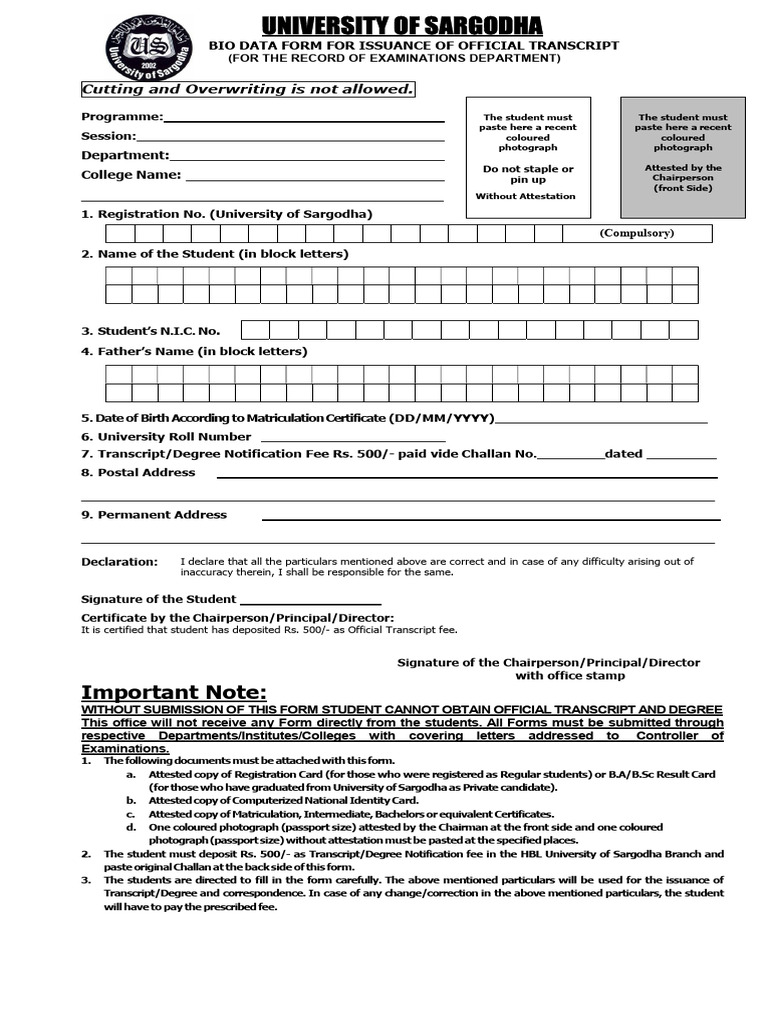 Bio Data Form for Official Transcript Term System 1614070668 | PDF ...