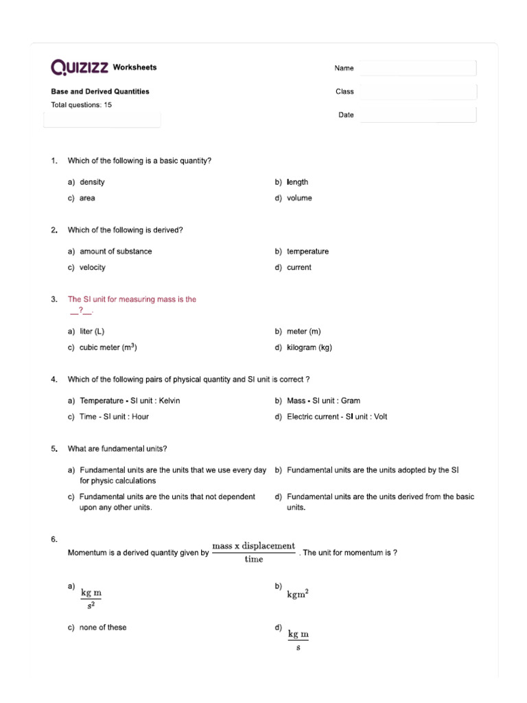 Base and Derived Quantities - Quizizz | PDF