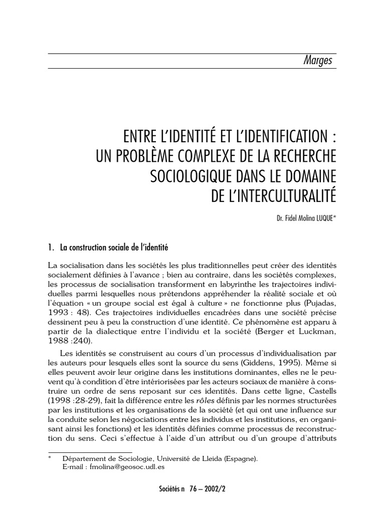Identité et interculturalité en sociologie | PDF | Identité (Science ...