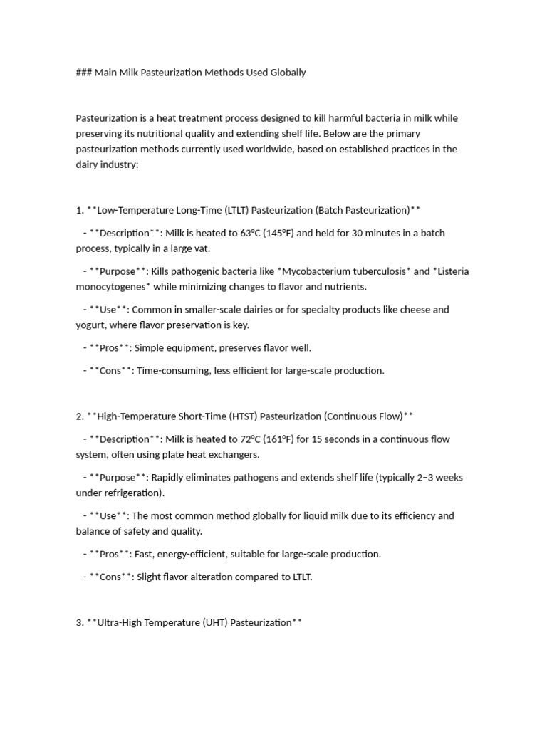 Main Milk Pasteurization Methods Used Globally | PDF | Milk | Food Science