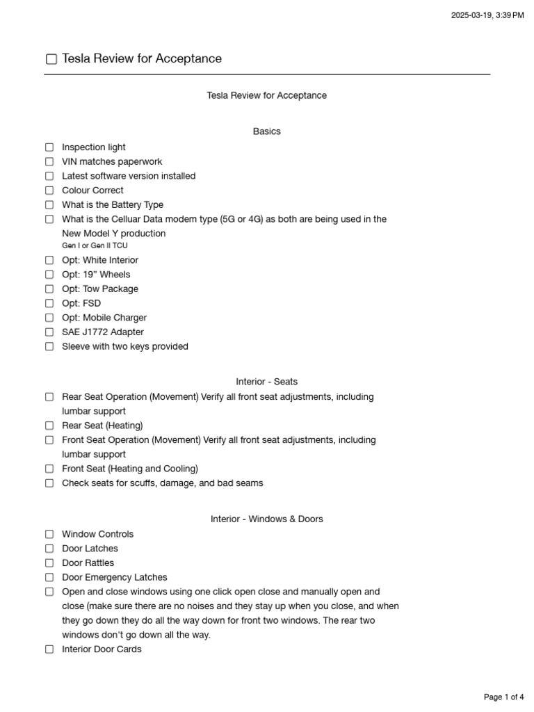 Tesla Model Y Acceptance Review Checklist | PDF | Trunk (Car) | Door