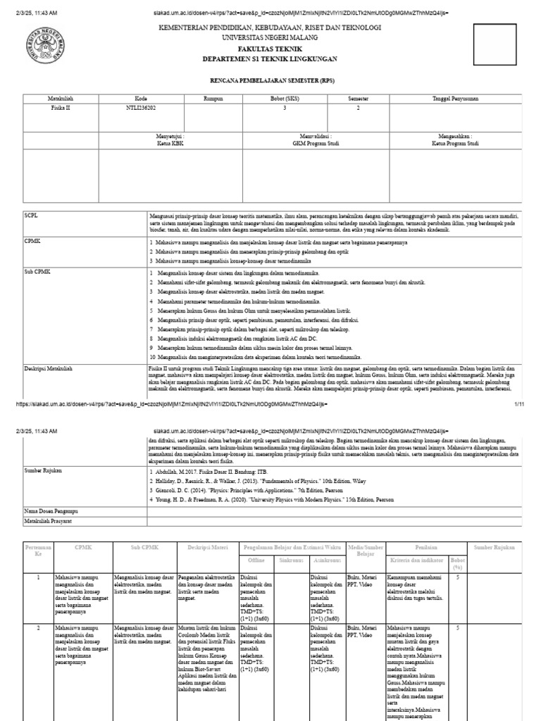 RPS Fisika II untuk Teknik Lingkungan | PDF