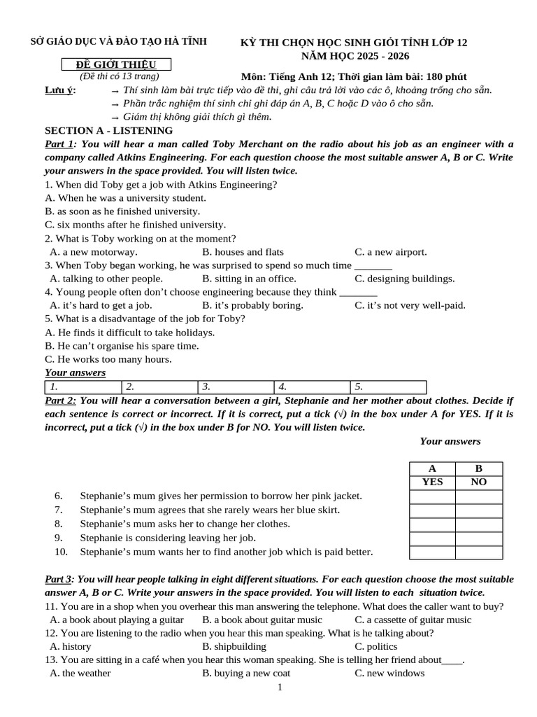 Hà Tĩnh 12th Grade English Exam 2025-2026 | PDF | Wisdom | Vaccines