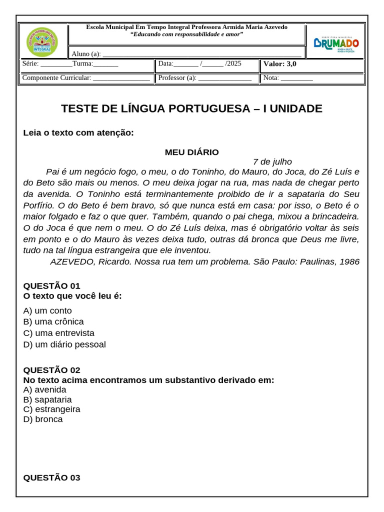 Teste de Língua Portuguesa - 1ª Unidade | PDF