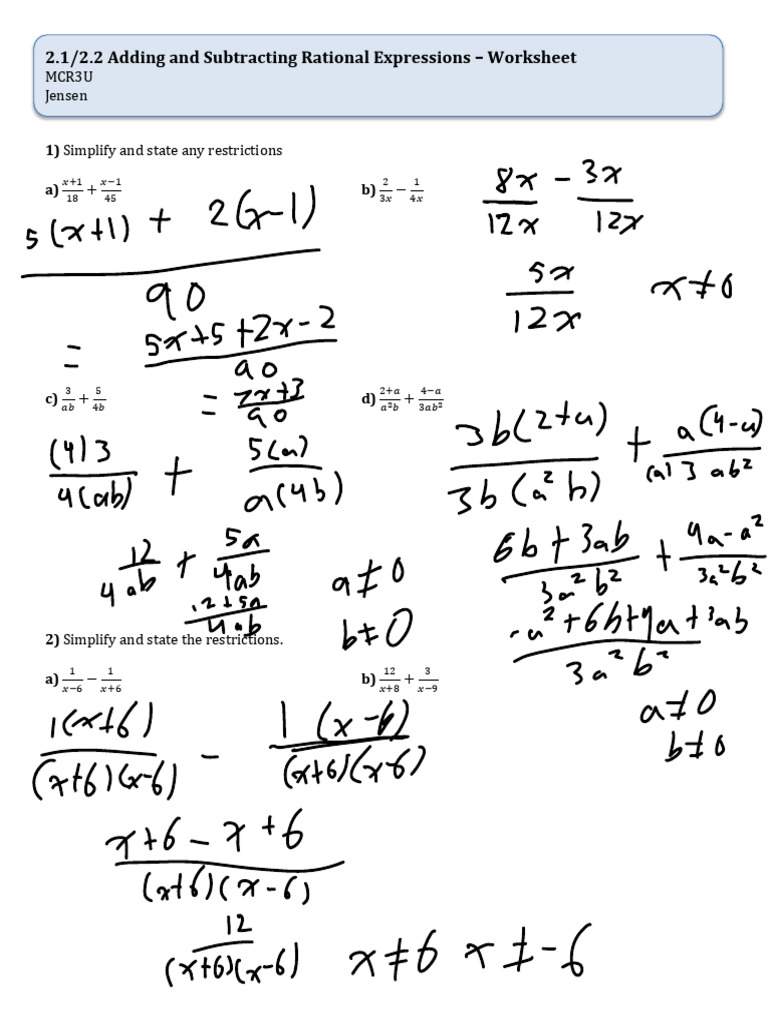 Hw4s Add+and+Subtract+Rational+Expressions | PDF | Algebra ...