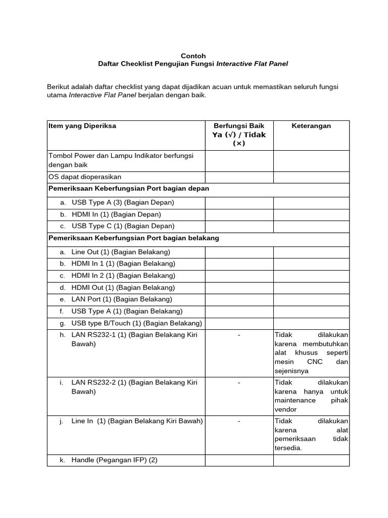 Checklist Pengujian Interactive Flat Panel | PDF
