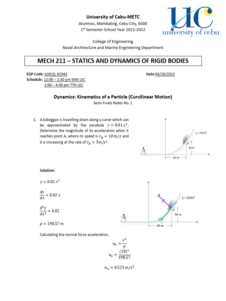 Statics and Dynamics Notes for MECH 211 | PDF | Acceleration | Kinematics