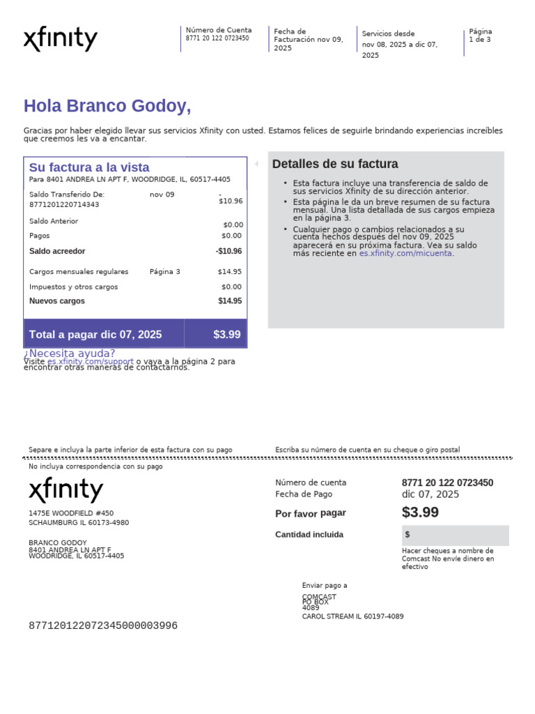 Factura Xfinity Noviembre 2025: Detalles | PDF | Telecomunicaciones ...