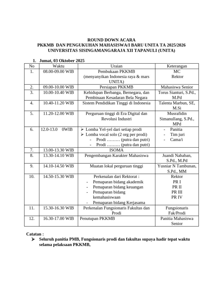 Round Down Acara PKKMB Dan Pengukuhan Mahasiswa Fix | PDF