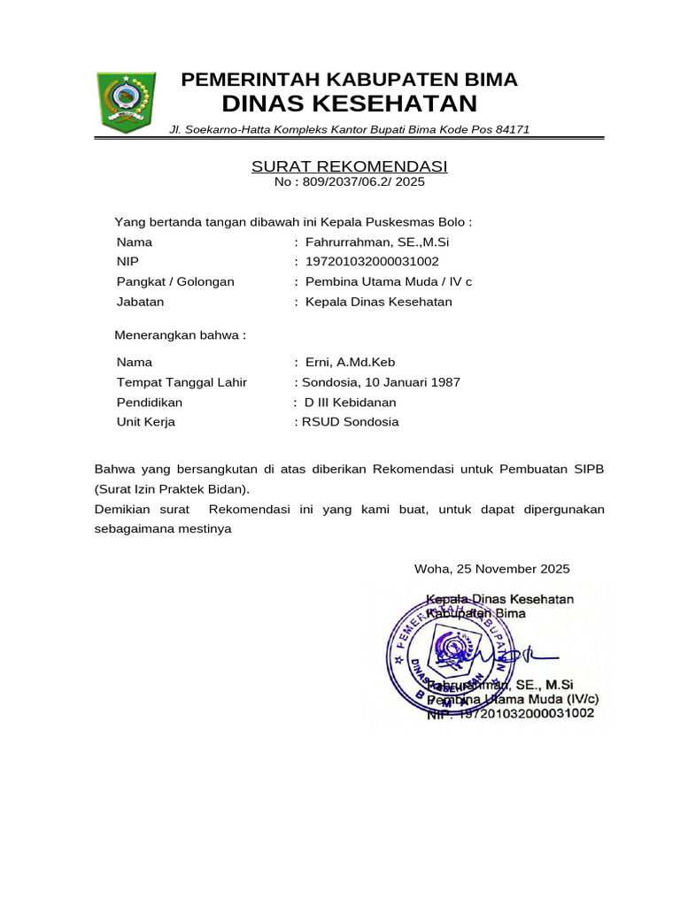 Rekomendasi SIPB untuk Erni A.Md.Keb | PDF