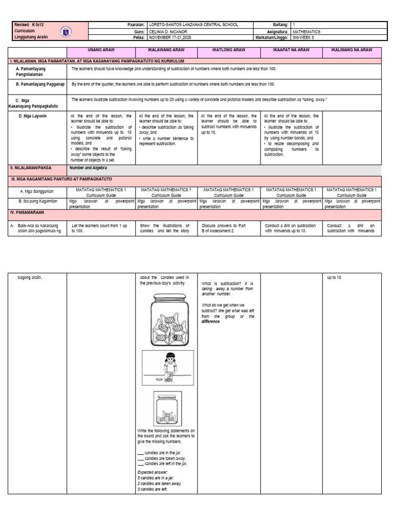 Week 3-Q3-Math | PDF | Subtraction | Elementary Mathematics