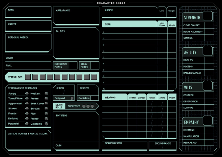 AlienEE CharacterSheet H 1page v1.2 BLACK2 | PDF