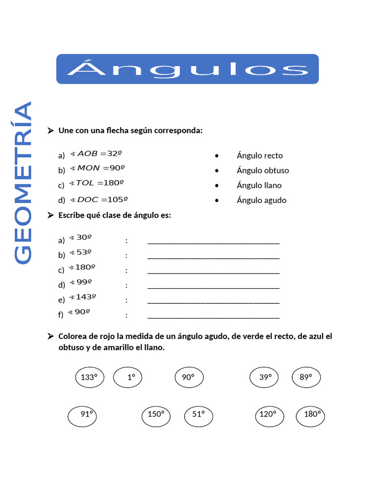 Ejercicios de Ángulos para Séptimo Grado | PDF