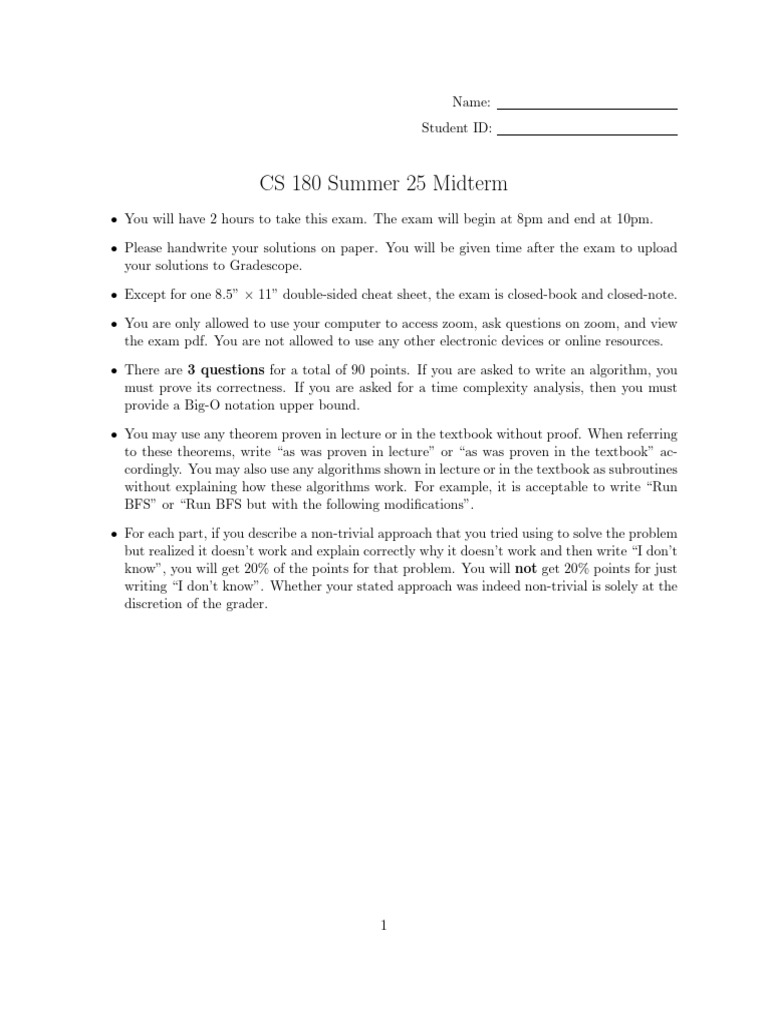 CS 180 Summer 25 Midterm Exam Guide | PDF | Time Complexity ...