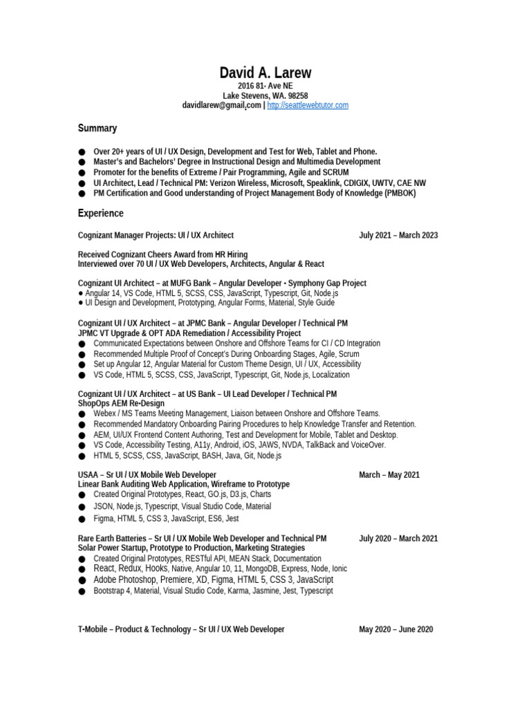 UI/UX Architect & Developer Resume | PDF | Angular Js | J Query