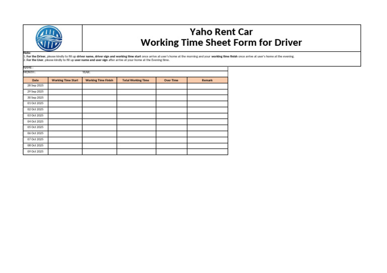 Driver Working Time Sheet Template | PDF