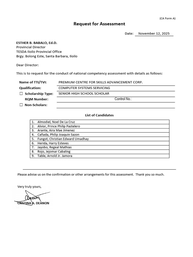 Request for National Competency Assessment | PDF