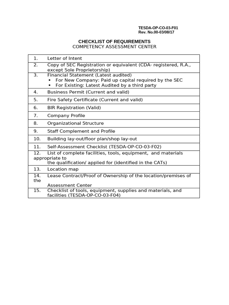 TESDA Assessment Center Accreditation Checklist | PDF | Balance Sheet