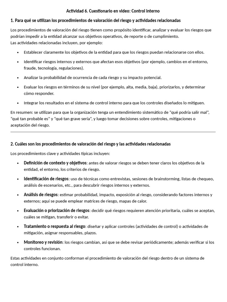 Actividad 6. Cuestionario en Video Control Interno | PDF | Riesgo ...