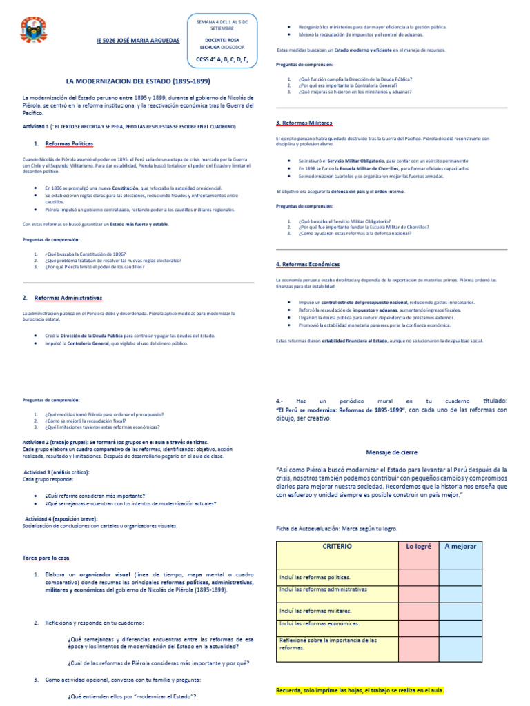 Ficha 4 de 4to A, B, C, D, E, F Del 1 Al 5 de Setiembre | PDF | Perú ...