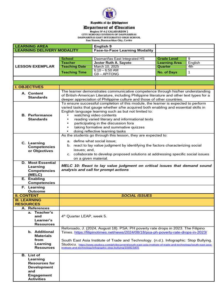 Lesson Plan in English | PDF | Learning | Poverty