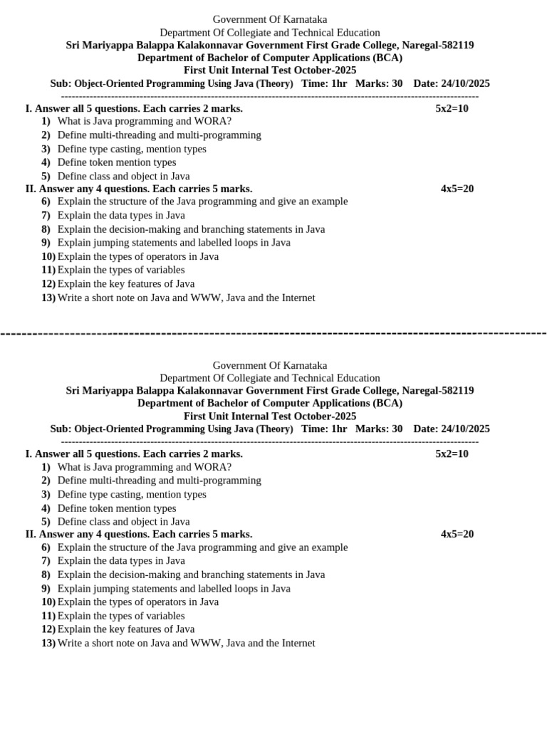 BCA Internal Test: Java Programming 2025 | PDF | Java (Programming ...