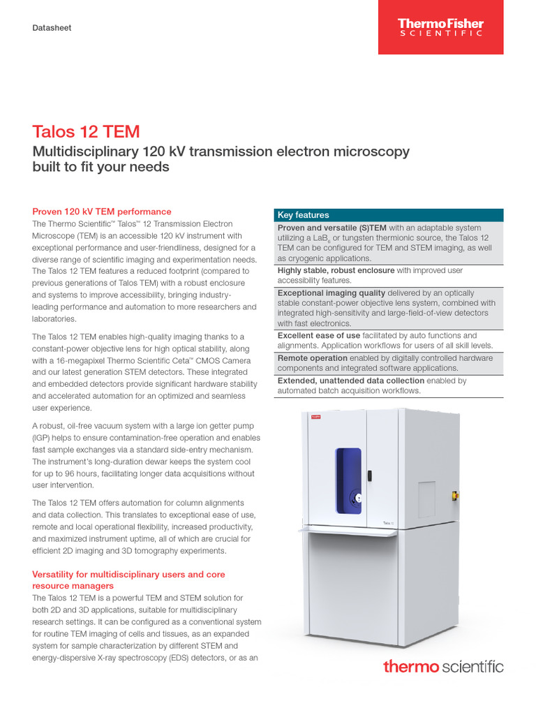 Talos 12 Datasheet en | PDF | Transmission Electron Microscopy | Microscope