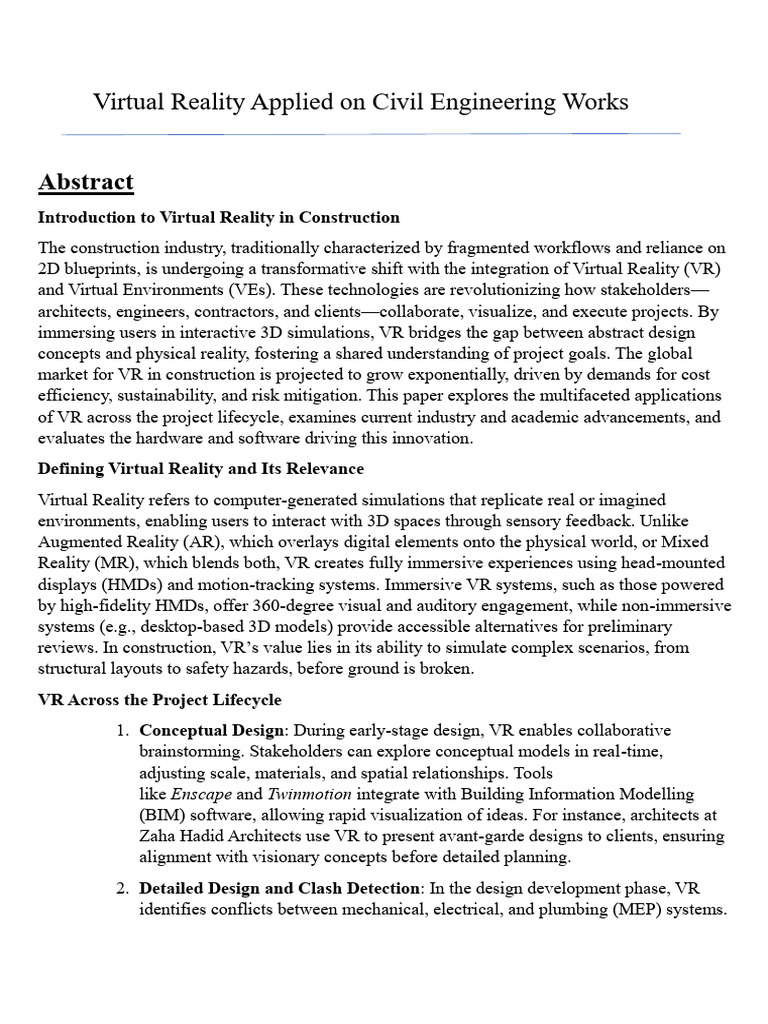VR Innovations in Civil Engineering | PDF | Virtual Reality | 3 D ...