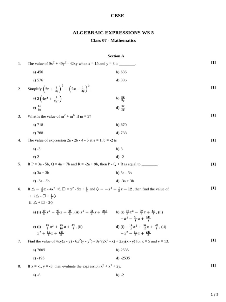 Algebraic Expressions WS 5 (Finding The Value of An Expression) | PDF ...
