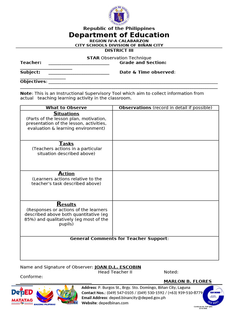 STAR Observation Technique Template | PDF | Teachers | Intelligence