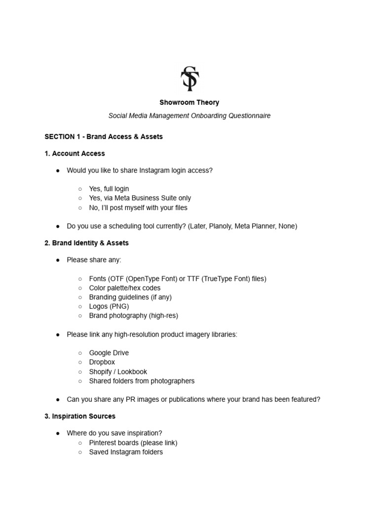 Showroom Theory Social Media Management Intake Form-1 | PDF