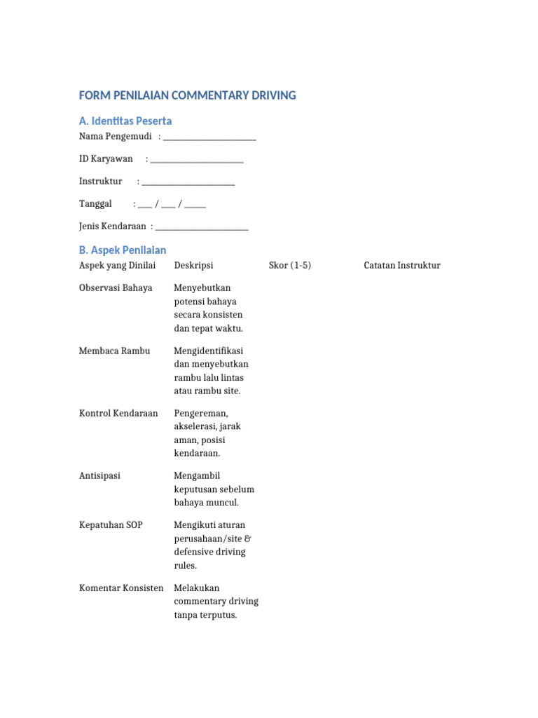 Formulir Penilaian Mengemudi Komentar | PDF