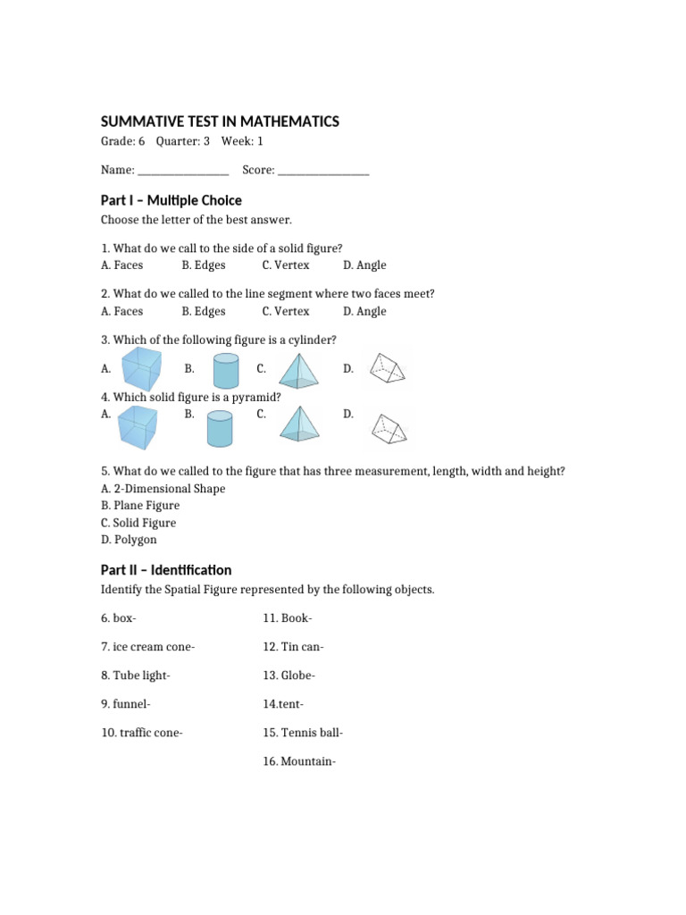 Grade 6 Math Summative Test: Geometry | PDF