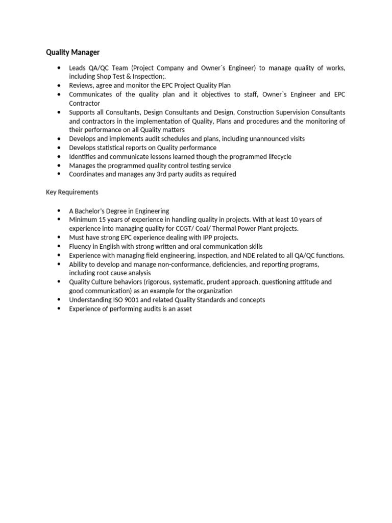 Quality Manager for Power Projects | PDF