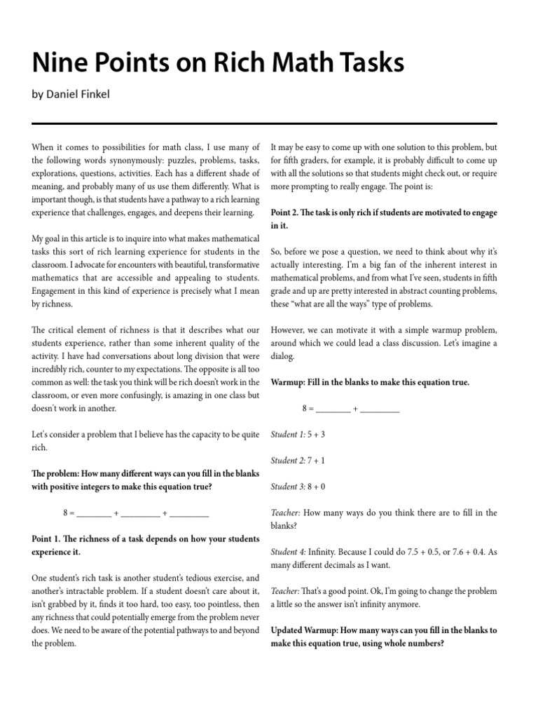 Rich Tasks DF Vector Spring 2018 | PDF | Experience | Mathematics