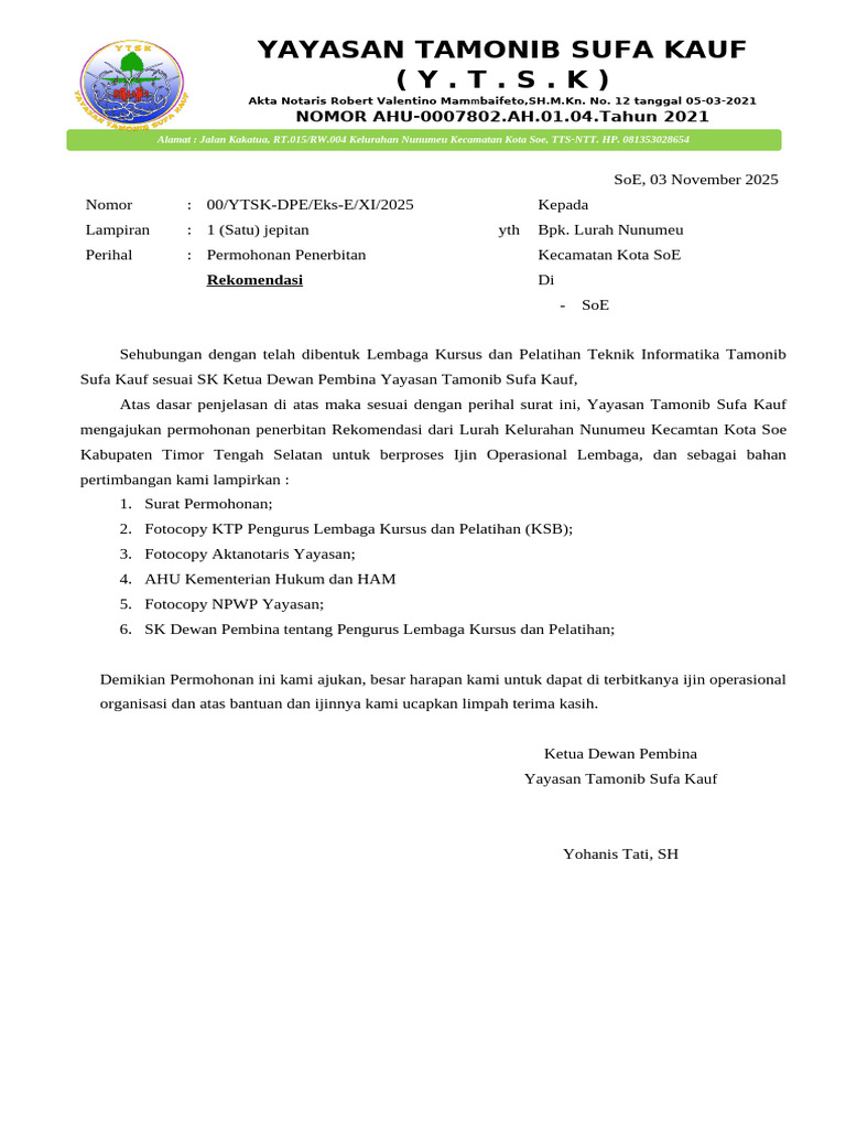 Permohonan Rekomendasi Yayasan YTSK | PDF