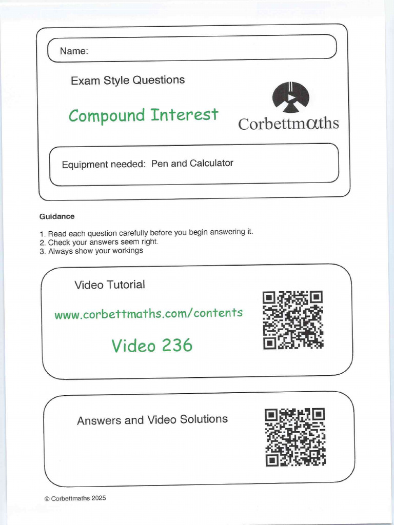 Worksheet 17.2 - Part 2 - Compound Interest (Answers) | PDF