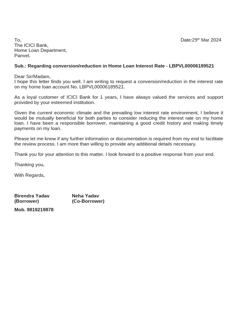 Request for Home Loan Interest Rate Reduction | PDF