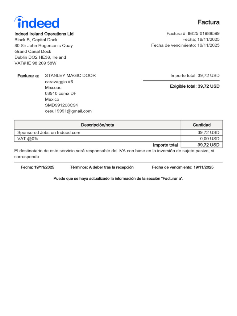 Indeed Invoice IEI25-01986599 | PDF