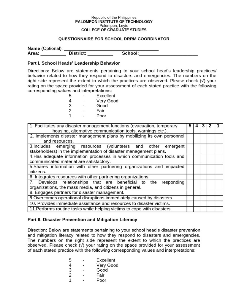 School DRRM Coordinator Questionnaire | PDF | Emergency Management ...