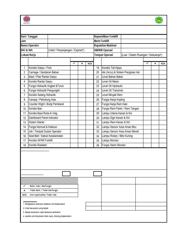 Checklist Forklift Diesel Indocement | PDF