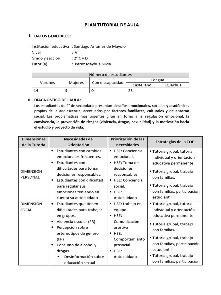 PLAN TUTORIAL DE AULA - 2°C y D | PDF | Aprendizaje | Enseñando
