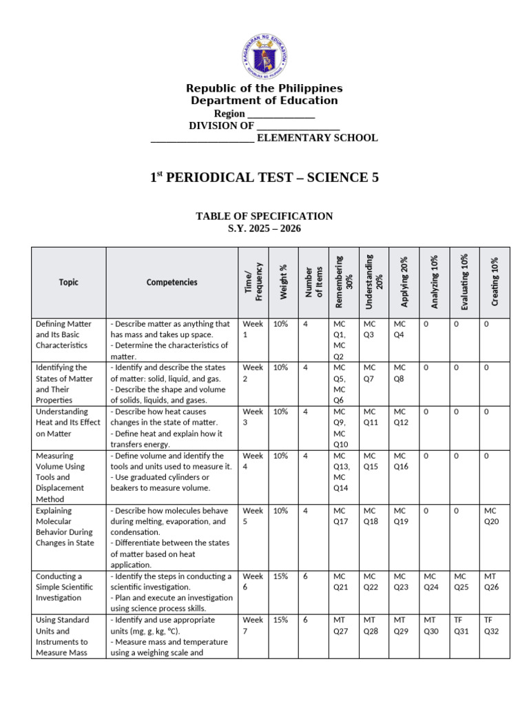 DTC - PT - Science - 5 - Q1 Matatag Tos Key | PDF | Water | Liquids