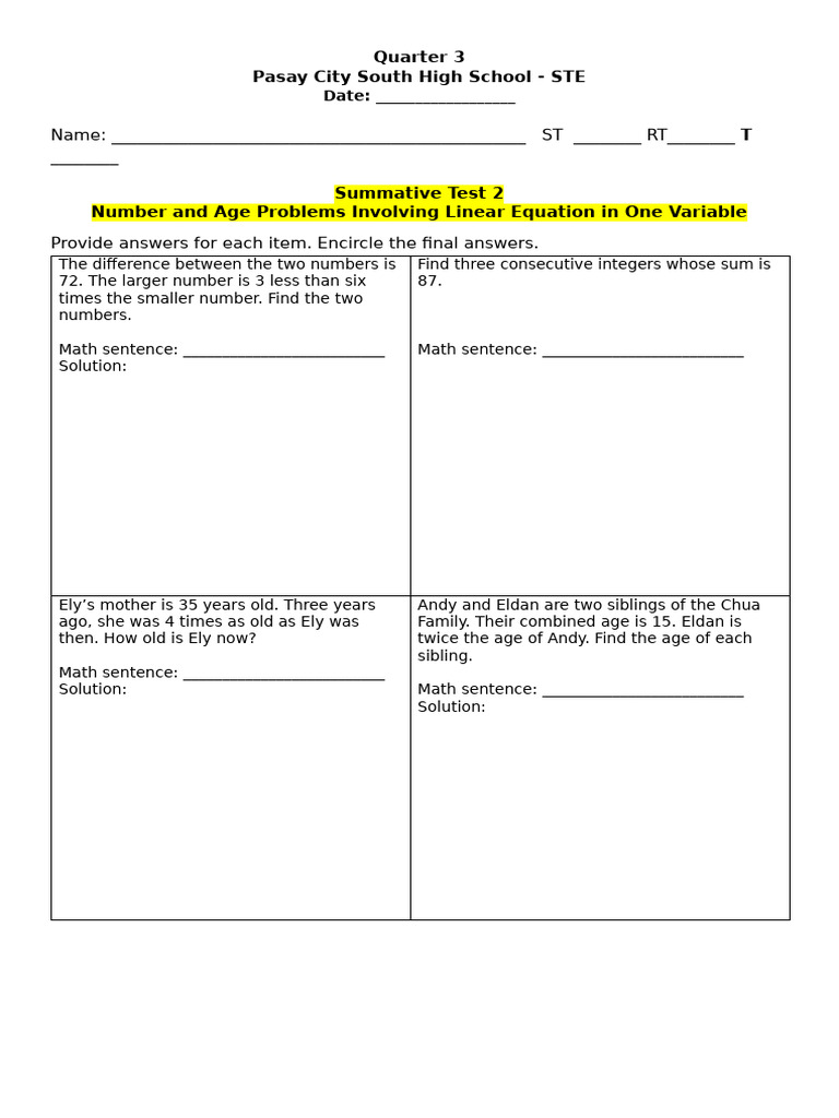 Age and Number Problems Test | PDF | Summation | Numbers