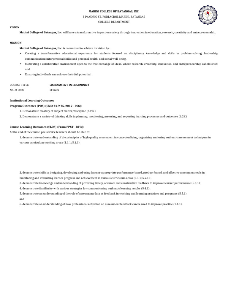 Assessment in Learning 2 - Syllabus | PDF | Educational Assessment ...