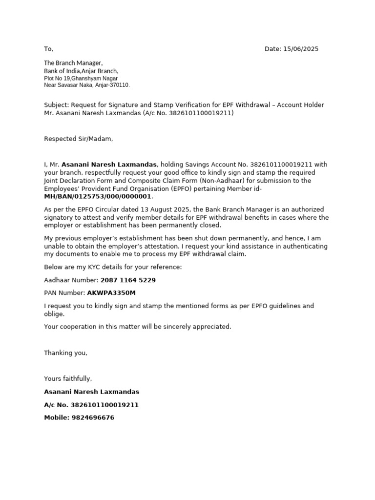 EPF Withdrawal Signature Request Letter | PDF