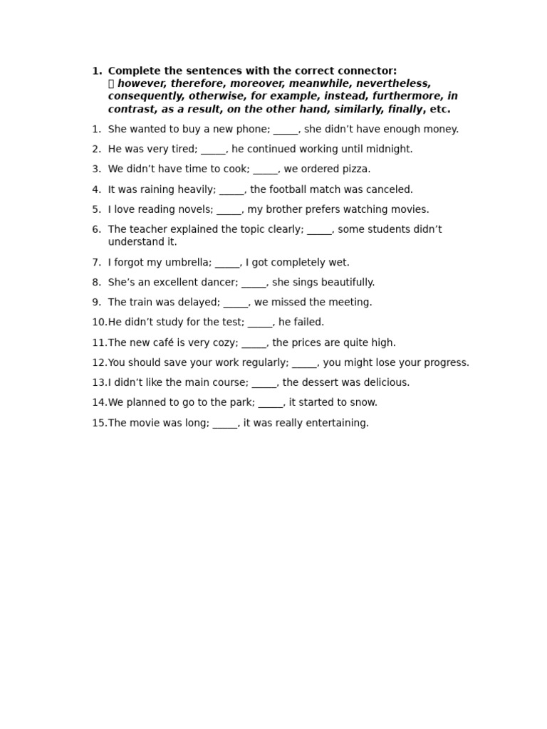 Sentence Connectors Practice Exercises | PDF