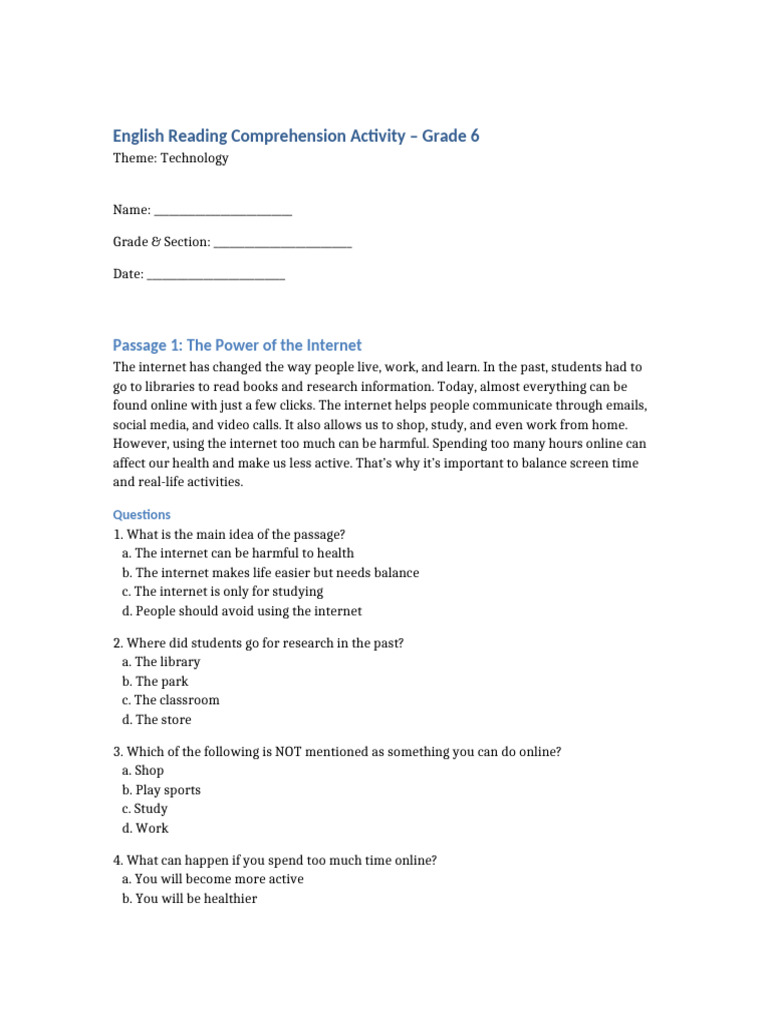 Grade 6 Technology Reading Activity | PDF | Internet | Human Communication